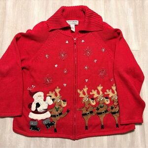 Red Women's Cardigan with Santa and Reindeer Design